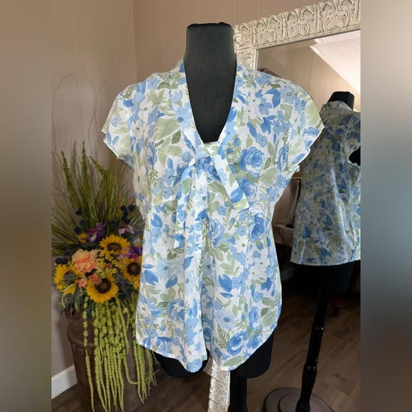 Caribbean Joe • Floral Cotton Flutter Sleeve Blouse - Picture 1 of 10
